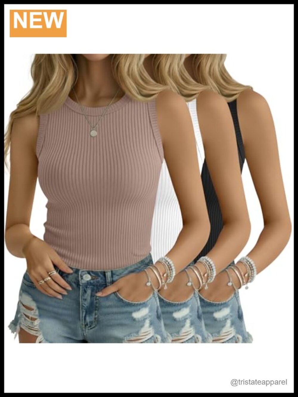 Cotton Blend Ribbed Tank Tops 3 Pack Crew Neck Sleeveless Stretch